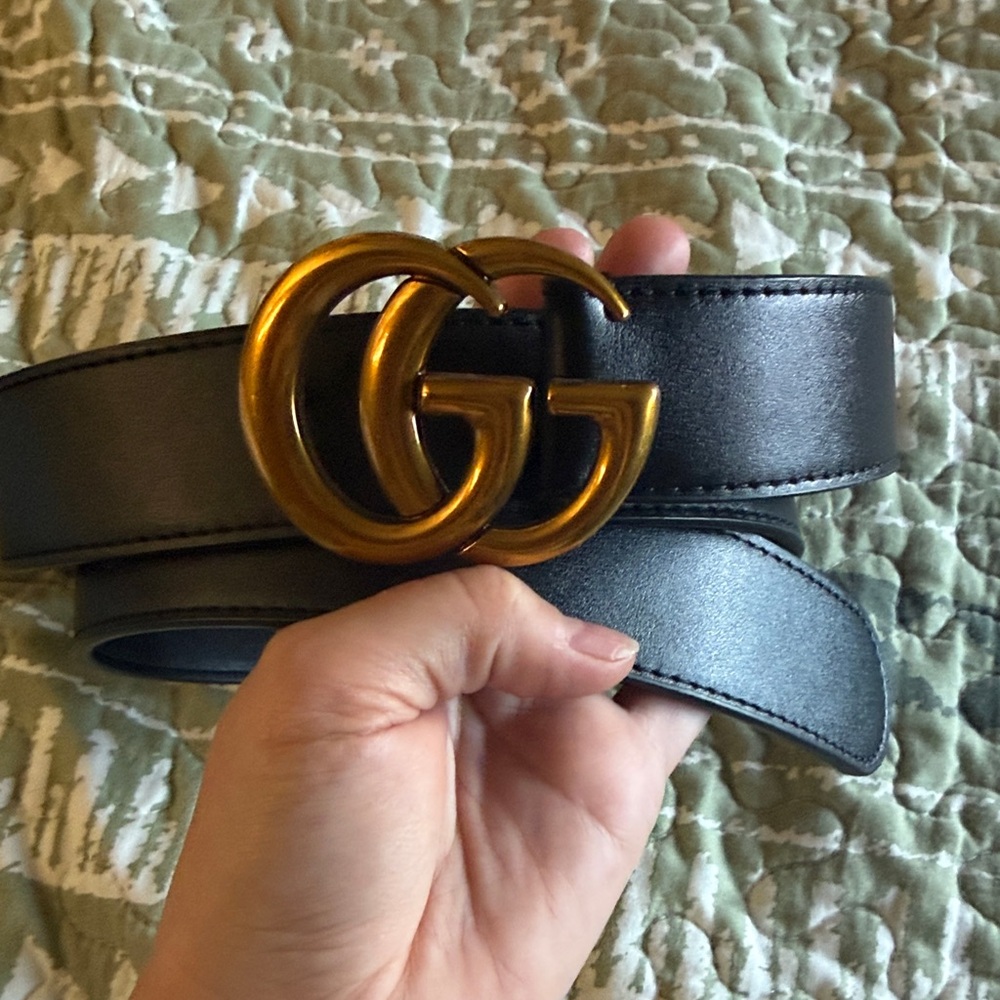 Gucci Dark Leather Belt with Gold GG Buckle